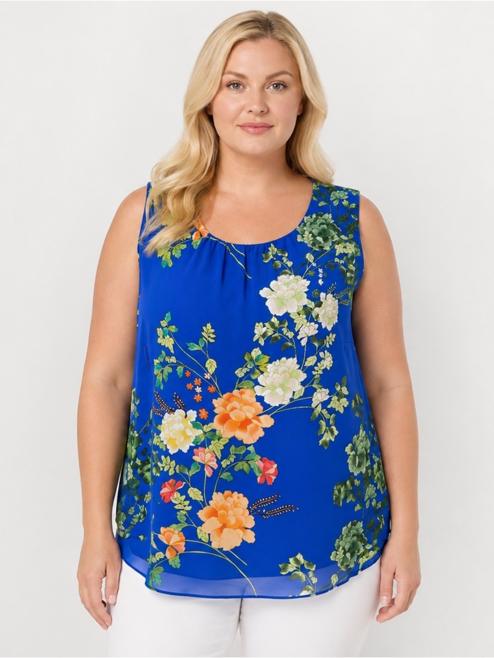 Rose + Olive Floral Royal Blue Sleeveless Layered Blouse Plus Size 1X